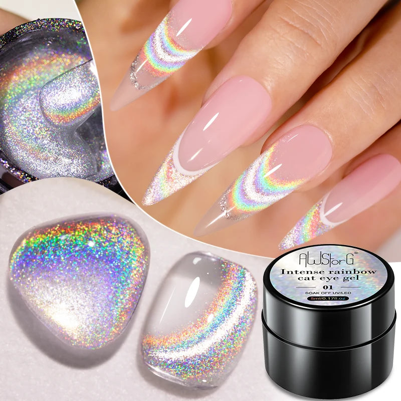 AWStorG Intense Rainbow Cat Eye Gel 5ml Holographic Laser Magnetic Nail Gel Soak Off UV LED Gel Polish Shiny Rainbow Manicur