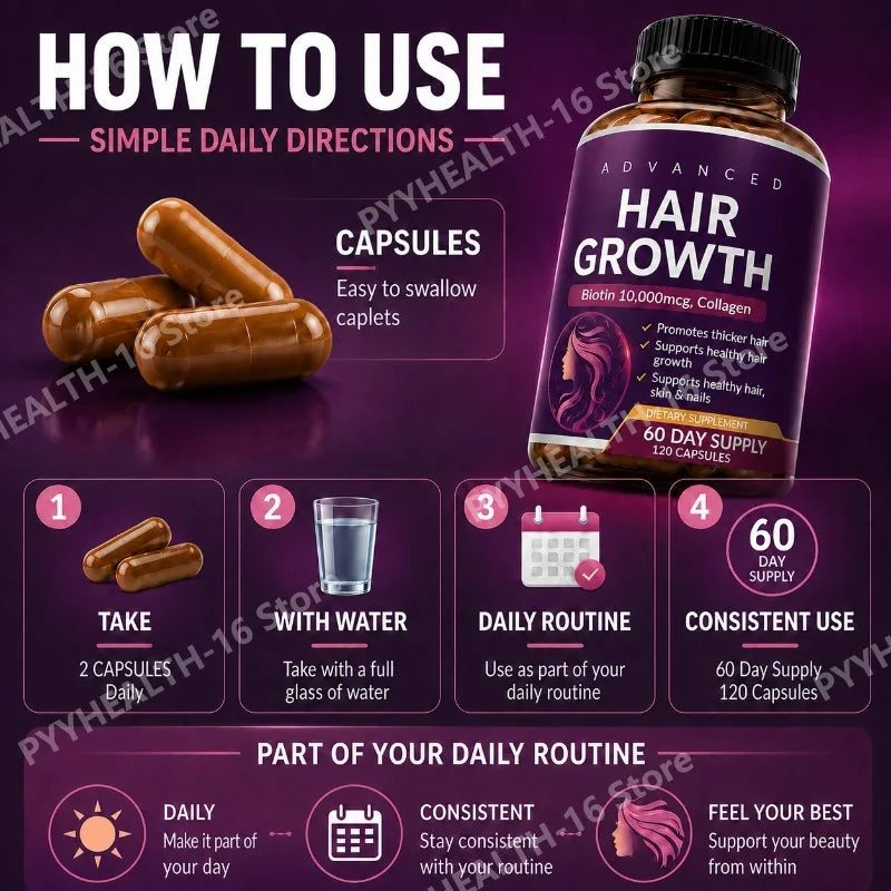Hair Skin Nails Wellness Capsules Biotin 10000mcg Collagen MSM Herbal Blend Vitamin Blend Daily Support Women Men 120 Capsules