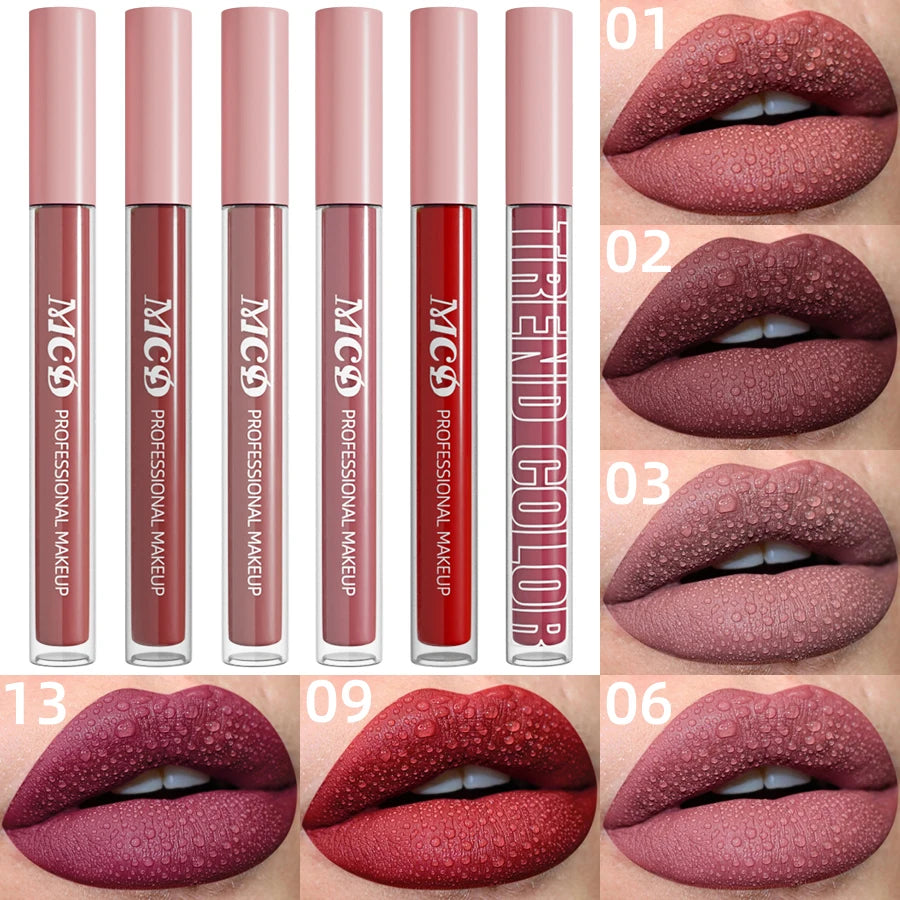 6pcs Colors Matte Velvet Lip Gloss Waterproof Sexy Red Liquid Lipstick Nude Rose Red Pink  Lips Tint Makeup Lip Glaze Cosmetics Red Lip Stain Beauty Lip Cosmetic for Women Gifts