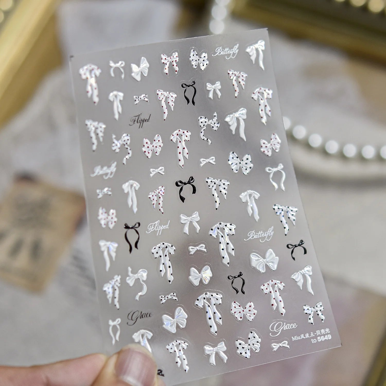 White Pearl Bow French Polka Dot Bow Pearl Heart Pearl Chain 5D Nail Stickers Self-Adhesive Nail Decal Manicure Decor for Women