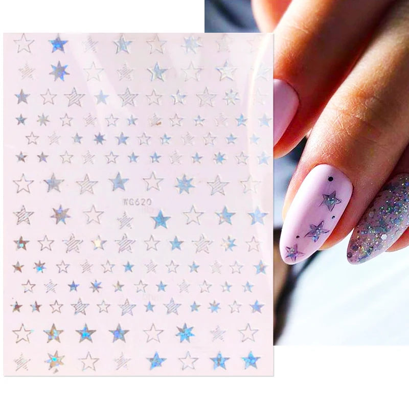Shiny Gold Star Moon Sun Nail Stickers for Manicure Accessories Heart Feather Animals Printing Self Adhesive Nail Wrap