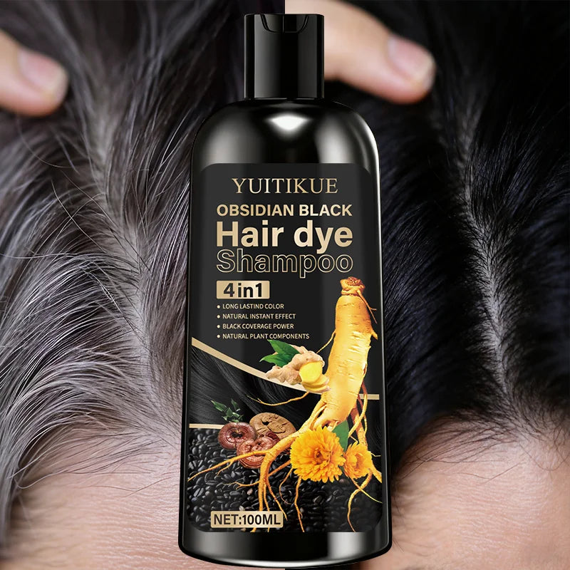 Obsidian Black Hair Dye Shampoo 100ml - 4-in-1 Plant Formula, Covers Gray Hair with Natural Color, Dense Bubbles, Lasting Color