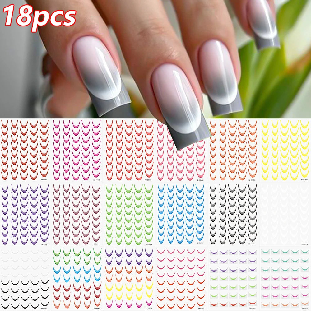 8/9/12/18Pcs New French Nail Stickers Guides DIY Nail Decors 3D Self-Adhesive White+Black Sliders Design Stencil DIY Manicure *&