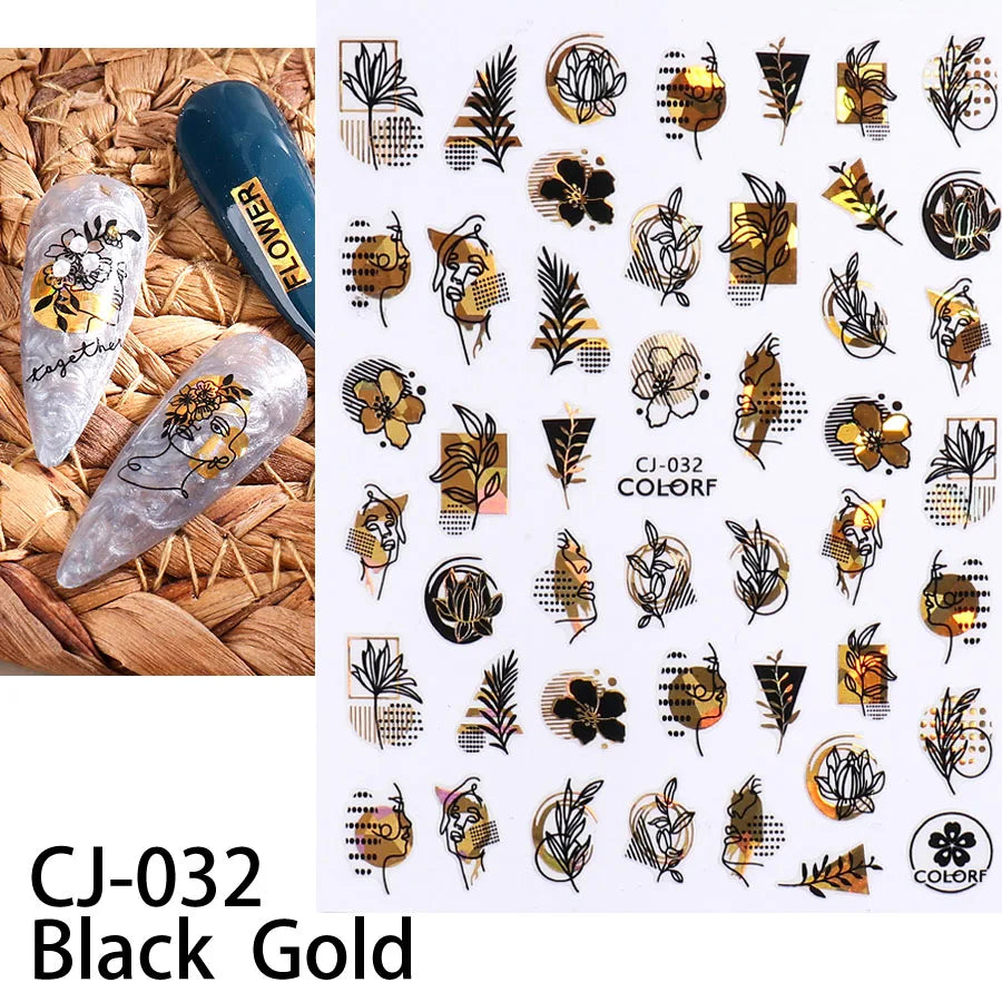 Shiny Gold Star Moon Sun Nail Stickers for Manicure Accessories Heart Feather Animals Printing Self Adhesive Nail Wrap