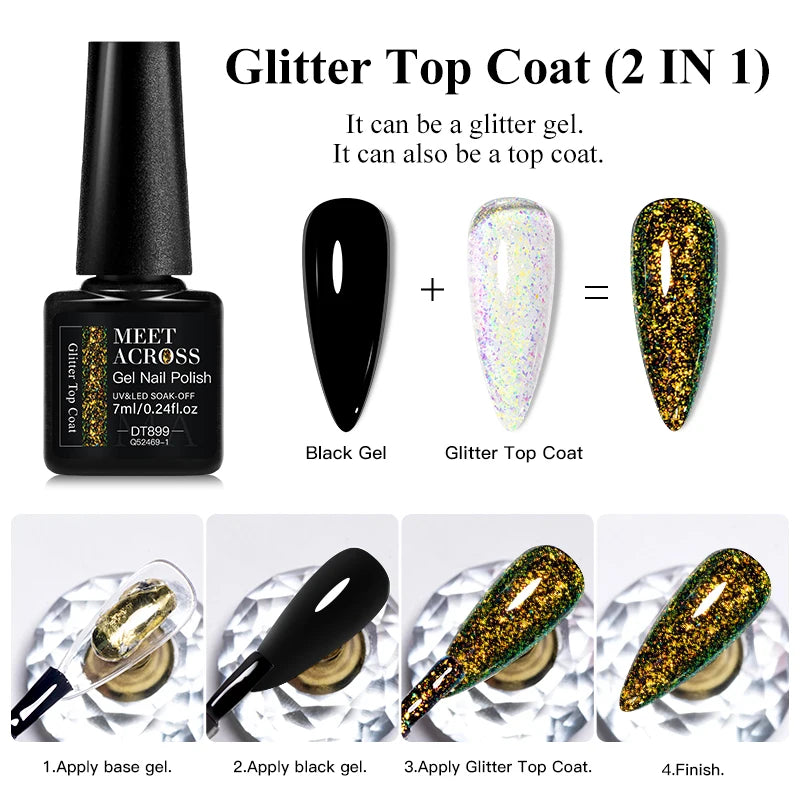MEET ACROSS 7ml Dark Color Glitter Top Coat Gel For Nails Brocade Powder 2 In 1 Chameleon Nail Art Gel Varnish Manicure
