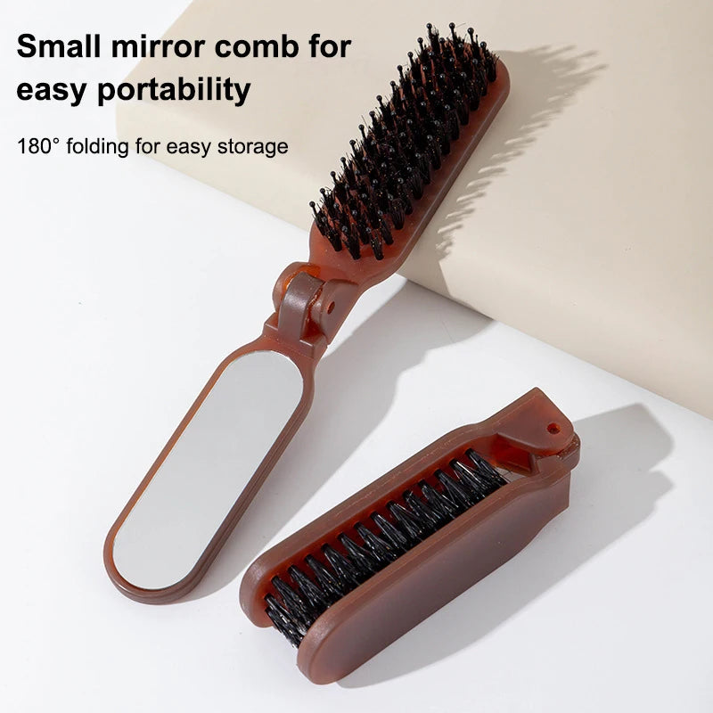 Boar Bristle Massage Hair Comb Anti Static with Makeup Mirror Folding Comb High Skull Integrated Styling Combs Supplies