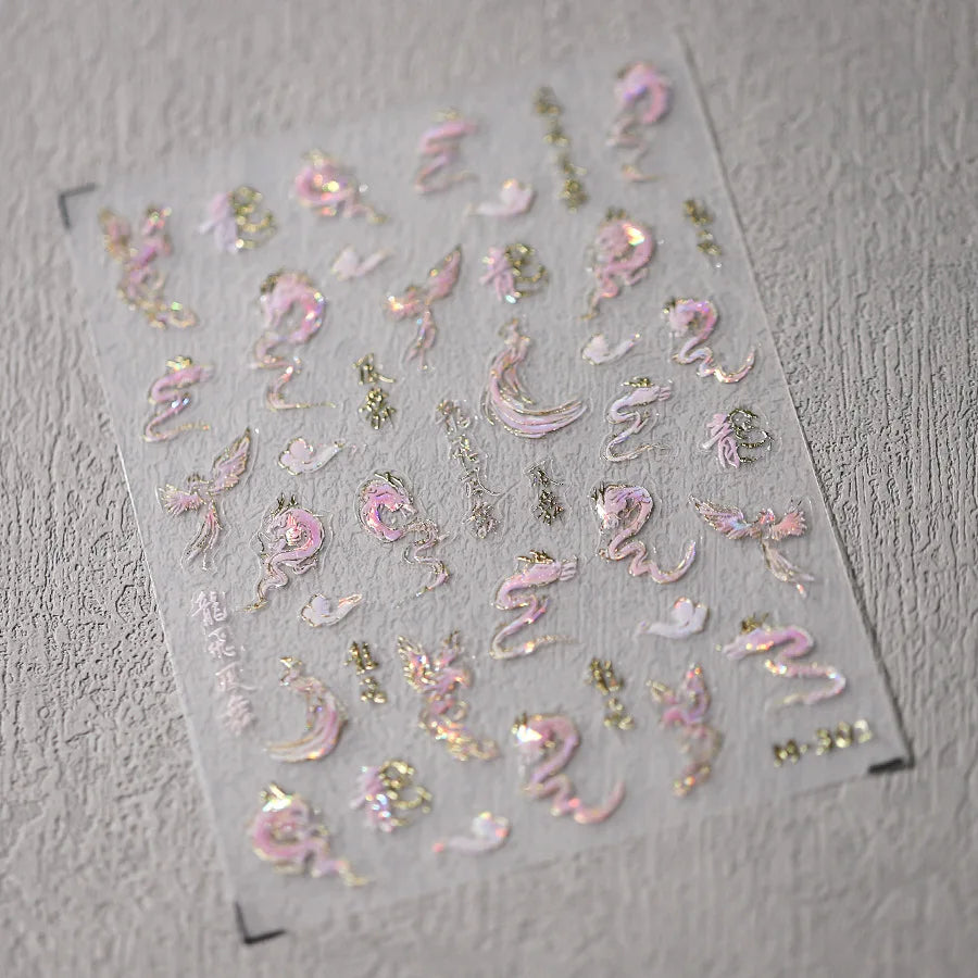 5D Kawaii Ink Wash Fairy Fox Dragon Loong Nail Art Stickers Cartoon Star Animals Backglue Nail Decoration Decals Accessories