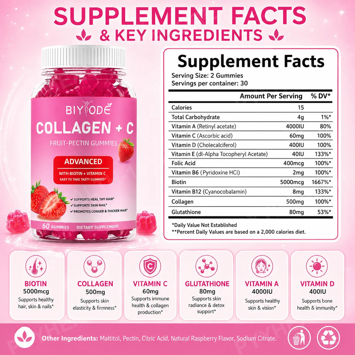 BIYODE Collagen + Vitamin C Gummies with Biotin, Strawberry Fruit Pectin Beauty Supplement for Hair Skin Nails Support, 60 Count