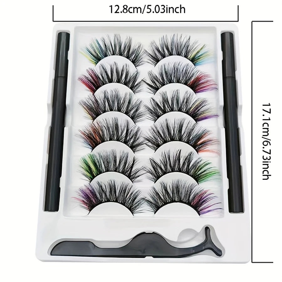 6 Pairs of Color 8D Fluffy Curly False Eyelashes, Magnetic Eyeliner Pen Is Not Easy to Smudge and Do Not Leak Eyelashes Set