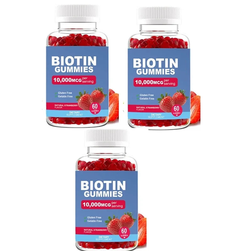 Biotin Gummies 10000 Mcg Hair Skin Nails Support, Vitamin B7 Beauty Supplement, Gluten Free Vegan Non-GMO Strawberry, 60 Gummies
