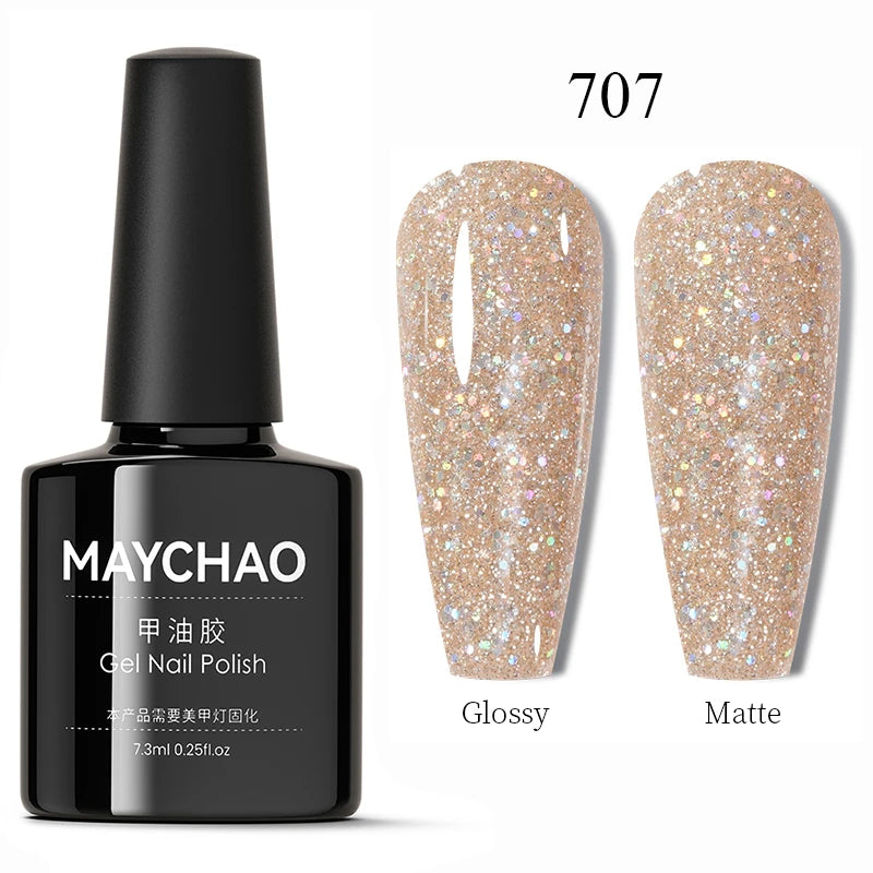 MAYCHAO Glitter Gel Nail Polish 7.3ml Semi-permanent Sequins Shiny Gel Base Top Coat Soak Off UV LED Varnish Nail Art Decoration
