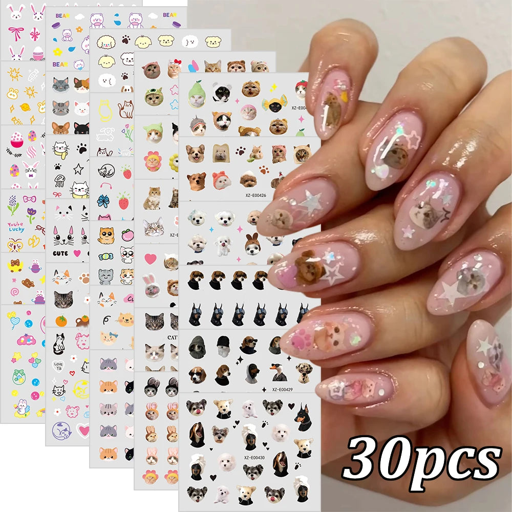 30pcs Cute The Cat Dog in the Hat Nail Stickers 3D Lovely Animal Kitten Puppy Pets Nail Decals Self-Adhesive Cartoon Nail Slider