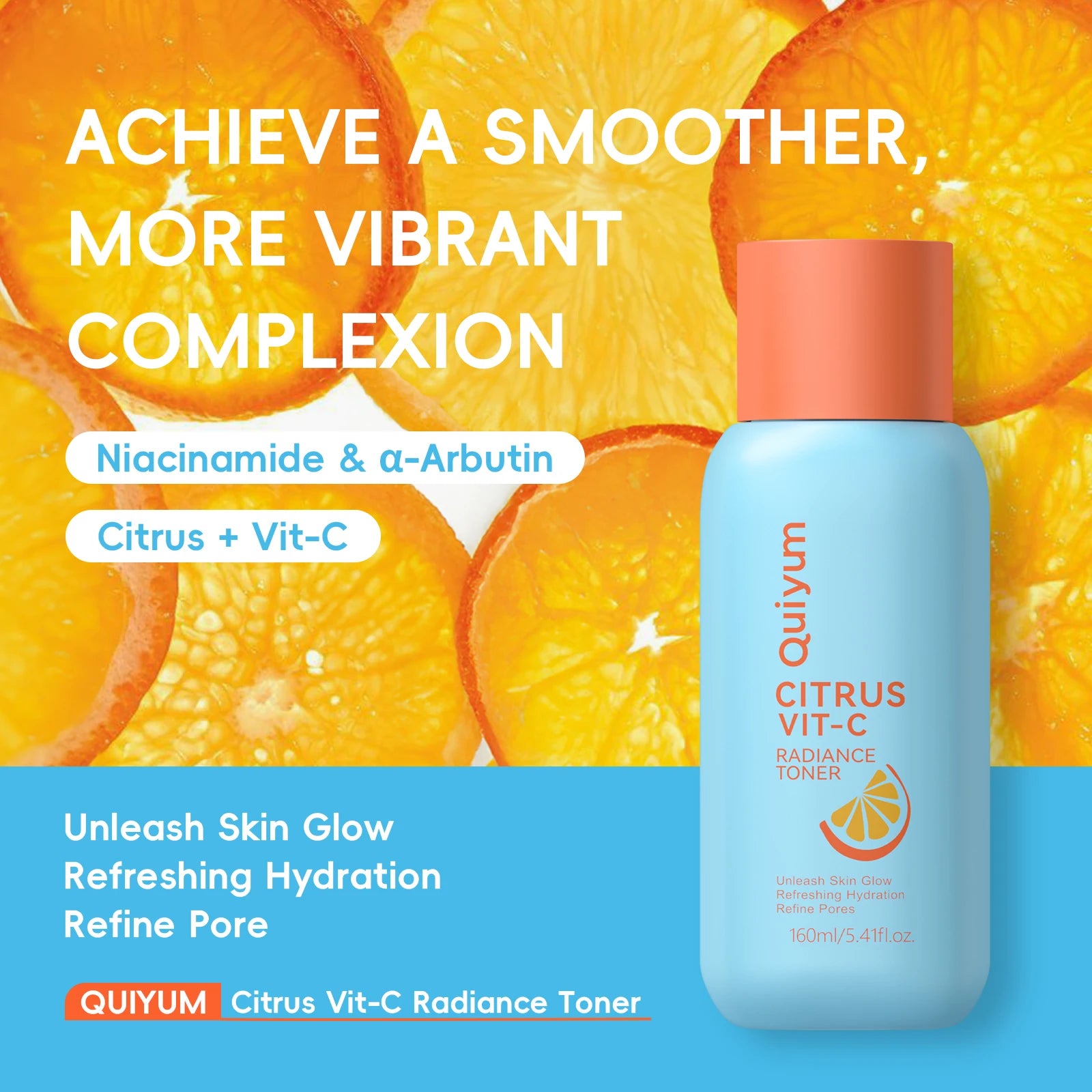 Quiyum Citrus Vit‑C Radiance Toner 160ml Refreshing Hydrating Facial Lotion Refine Pores Boost Natural Skin Glow Daily Skin Care