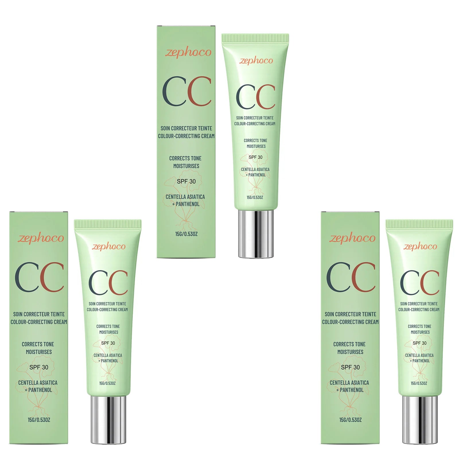 Zephoco Color Correcting Cream SPF 30 Anti UV Sun Protection Redness Blemish Cover Waterproof Centella CC Cream Foundation 15g