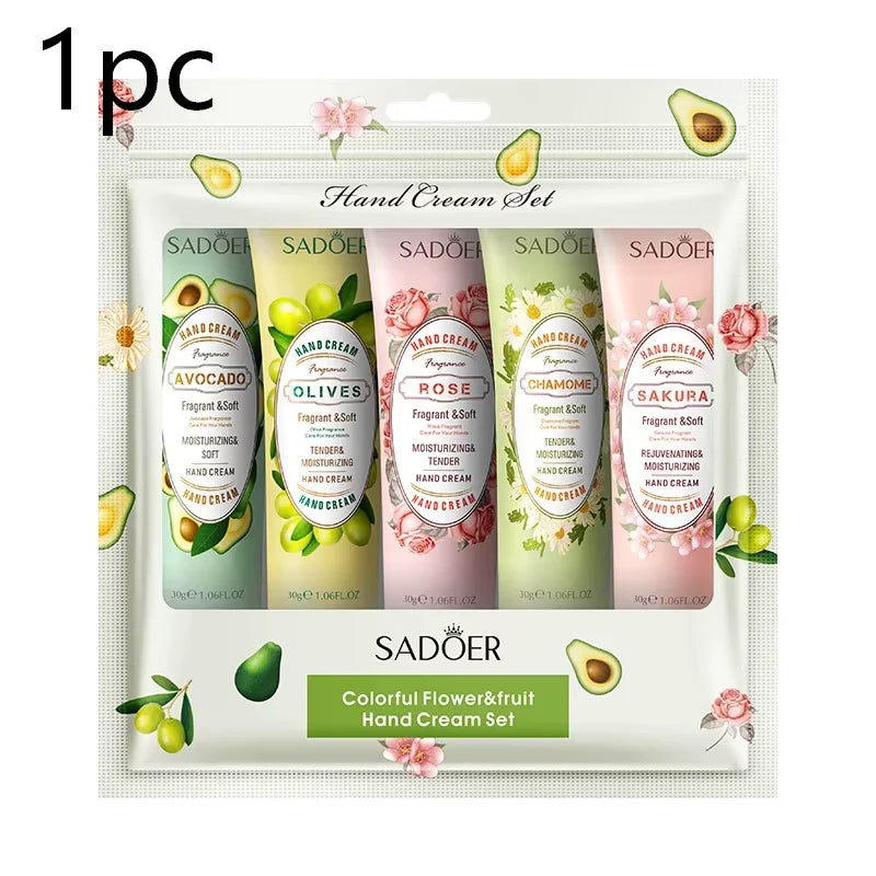 5Pcs/Pack Fruit Plant Fragrance Hand Cream Sets Moisturizing Lasting Repair Anti Dry Hand Lotion Sets Hands Skin Care Products