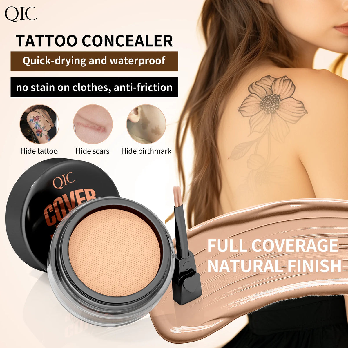 Waterproof & Sweatproof Concealer Cream - Tattoo coverage, Long-Lasting Foundation, Natural,Full coverage, All Skin Types