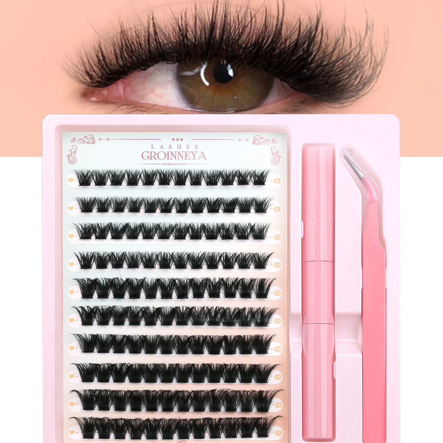 GROINNEYA Fluffy Lash Clusters Kit With Waterproof Strong Hold DIY Lash Extension Kit Lash Bond & Seal & Eyelash Tweezers Makeup