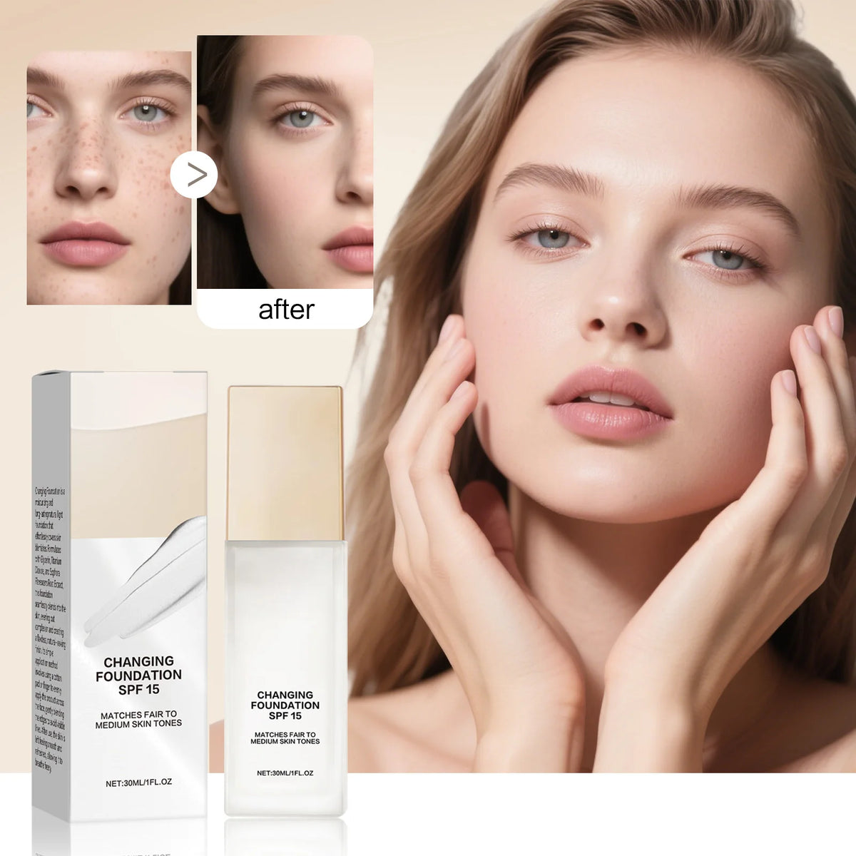 Hydrating Color-Adjusting Foundation SPF 15 30ml - Natural Coverage for Fair to Medium Skin, Lightweight with Hyaluronic Acid.