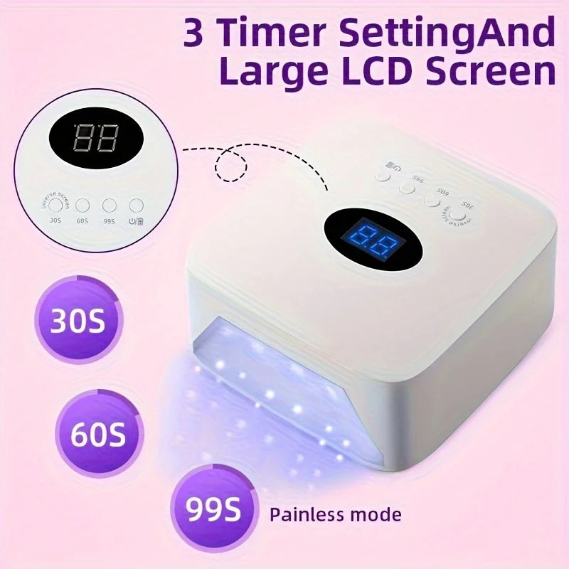 54W Cordless UV LED Nail Lamp with 30 Beads Rechargeable Professional Nail Dryer with 3 Timer Settings for Home and Salon Use