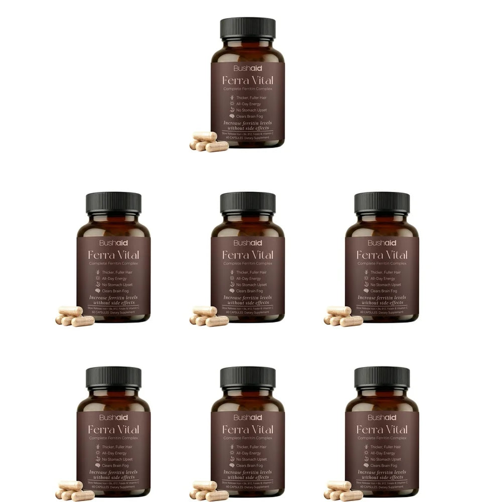 BushAid Ferra Vital Ferritin Complex with Iron Zinc Vitamins B6 B12 Supports Hair Shine Energy Focus Scalp Wellness 60 Capsules
