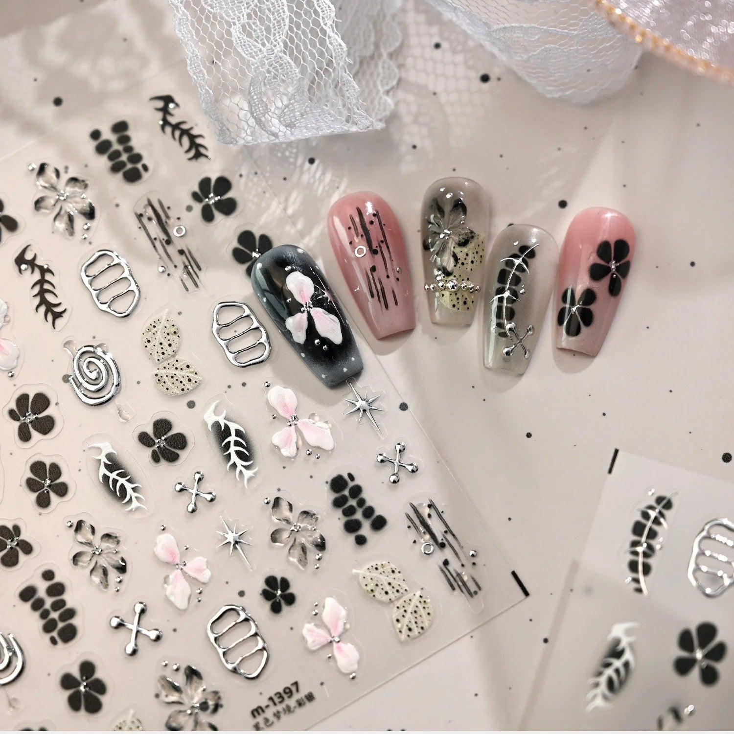 5D Black Silver Dream Thorn Clover Thorn Leaf Silver Spiral Pink Diamond Flower Silver Star Nail Art Stickers Embossed Decals