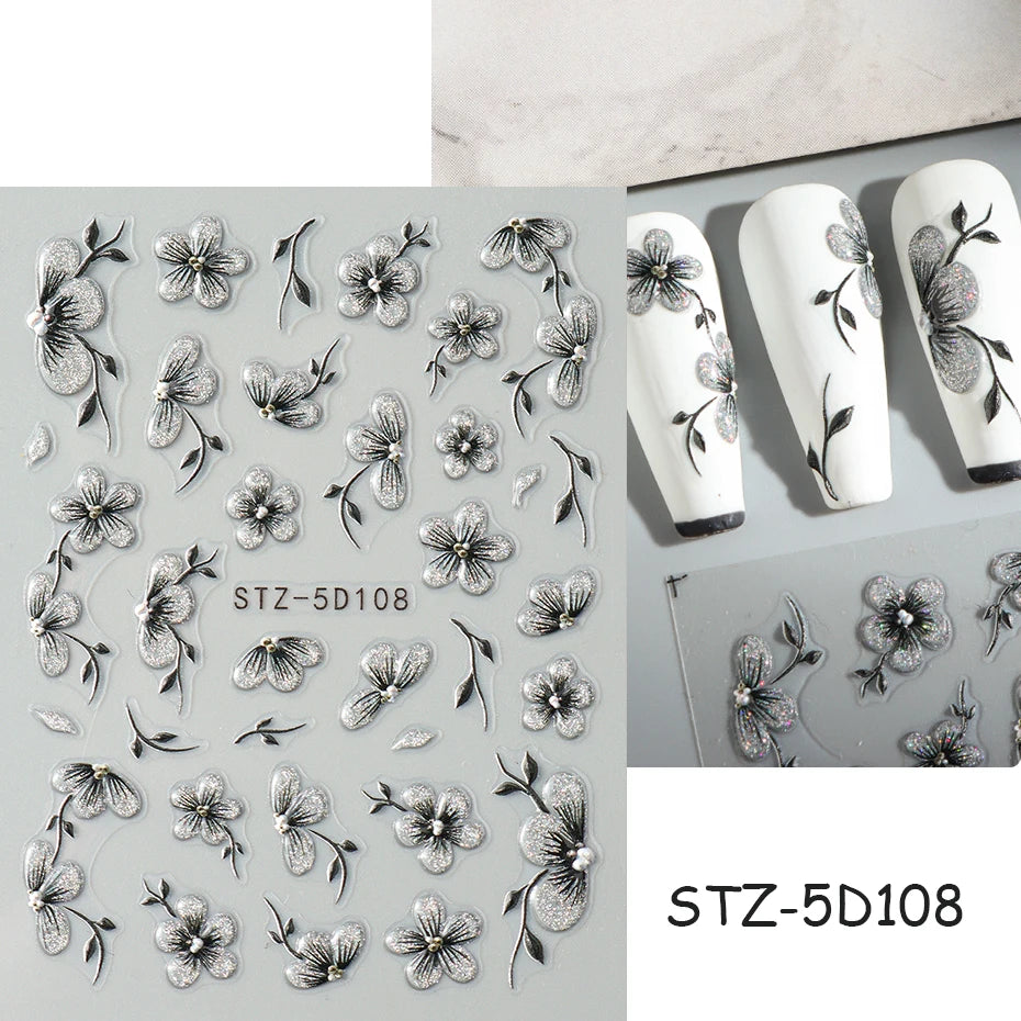 5D Embossed White Floral Gold Line Sliders Spring Pink Flowers Nail Stickers DIY Simple Petals Wedding Nails Decals Accesories