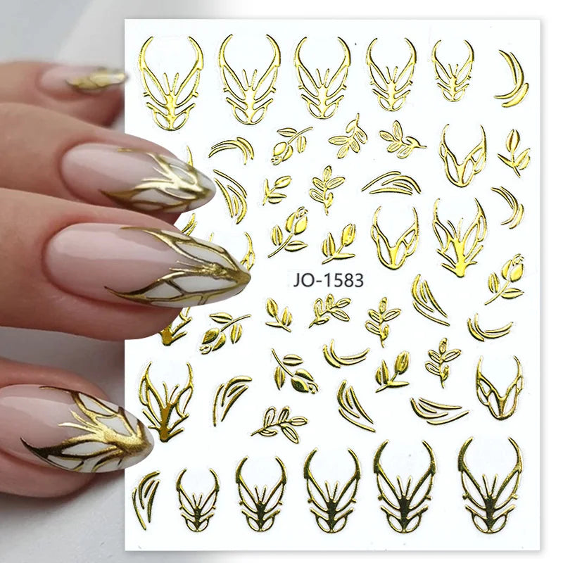 3D Nail Stickers Bronzing Gold Silver Lines Stripe Geometric Design Flowers Gradient Adhesive Slider Papers Nail Art Accessories