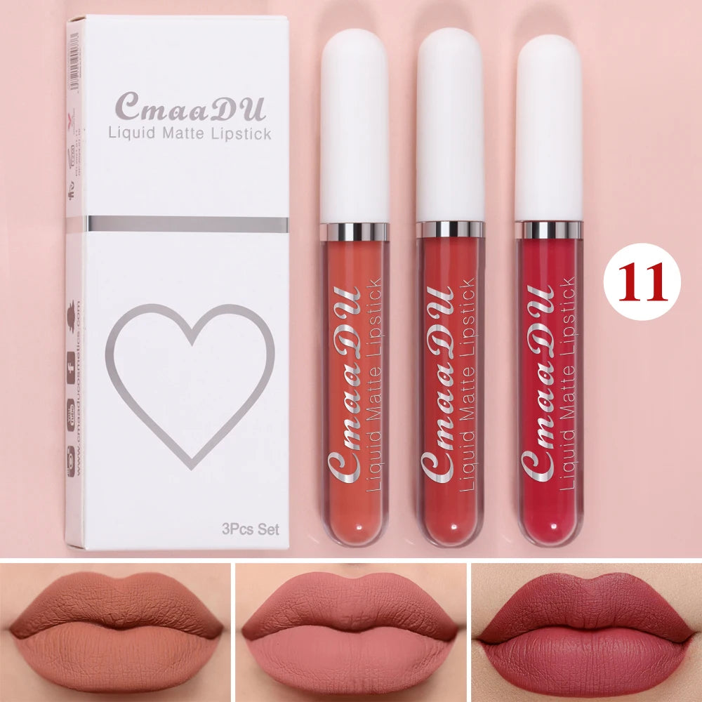 3 Pcs Matte Lipstick Lip Gloss Sets Long-Lasting Non-Fading Waterproof Non-stick Cup Exquisite Gift Everyday Holiday Universal