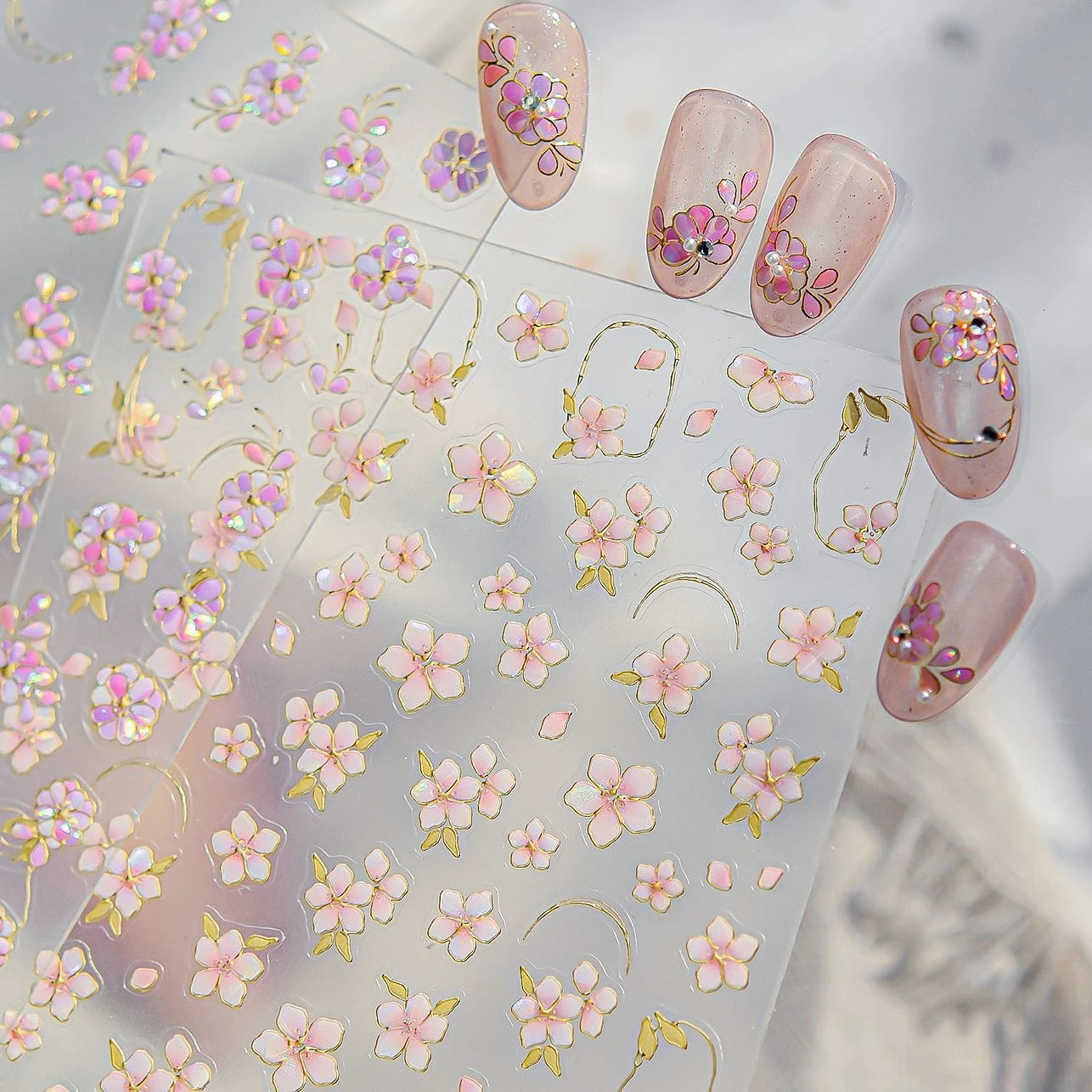 Elegant Pink Purple Flower Rose Colourful Gentle Petal Peach Blossom Metal Shiny Self Nail Art Sticker Decoration Manicure Decal