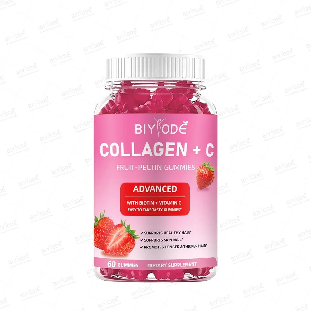 BIYODE Collagen + Vitamin C Gummies with Biotin, Strawberry Fruit Pectin Beauty Supplement for Hair Skin Nails Support, 60 Count