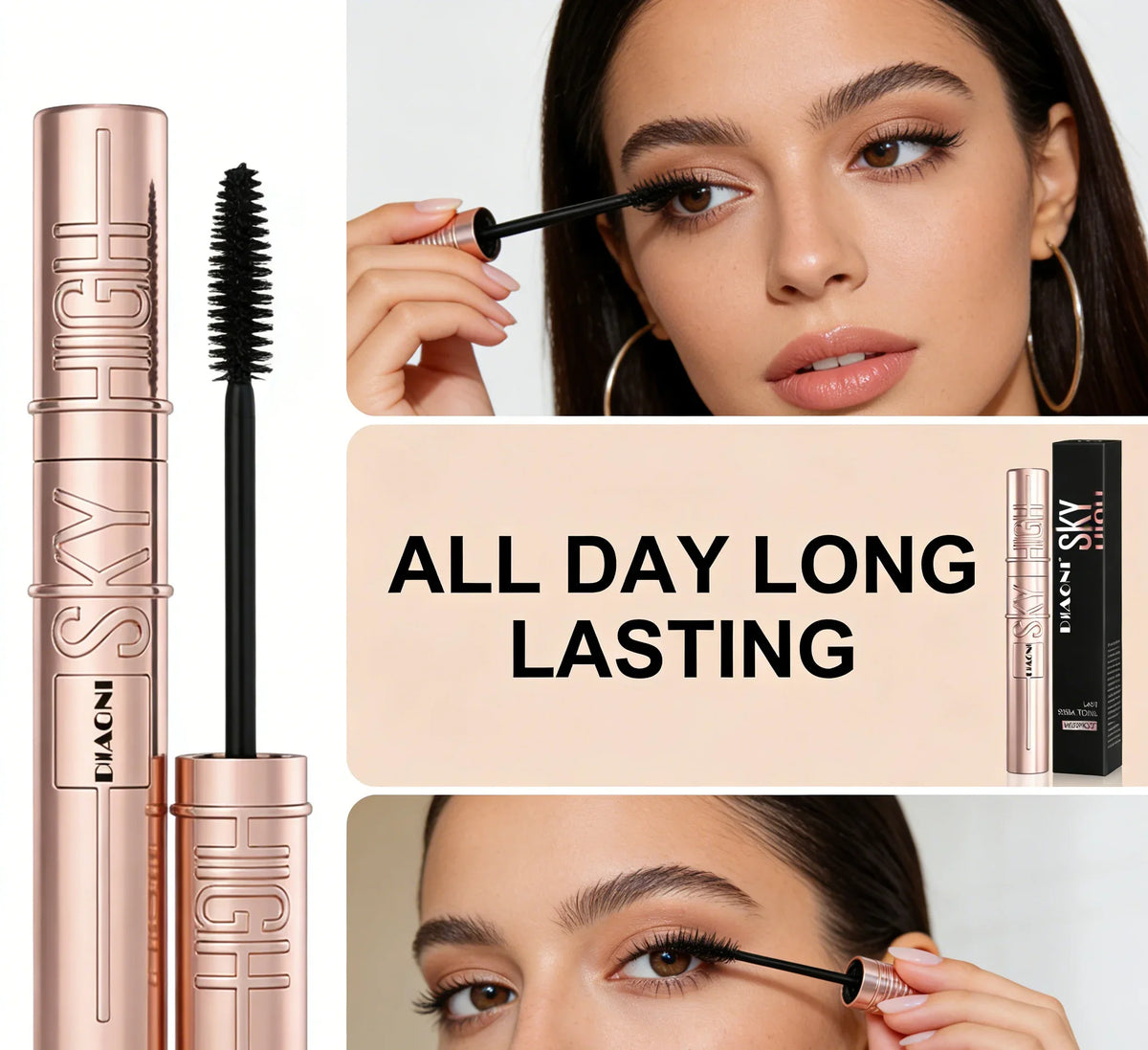 DIAONI Black Waterproof Volumizing Mascara - Sky-High Curl Smudge-Proof Lengthening Long-Lasting Makeup for Eyes