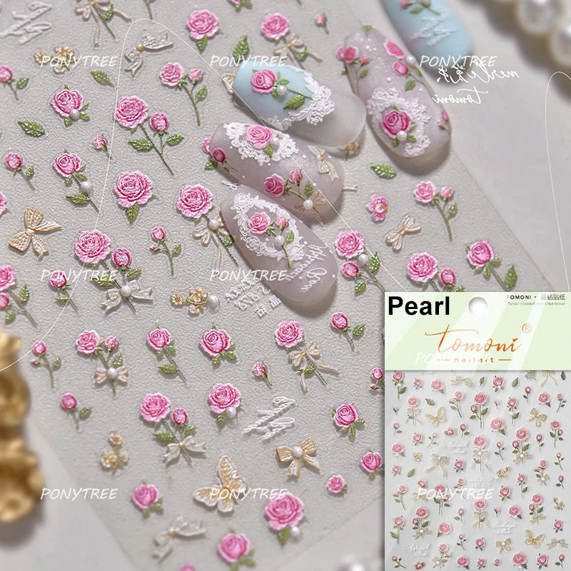 Elegant Pink Purple Flower Rose Colourful Gentle Petal Peach Blossom Metal Shiny Self Nail Art Sticker Decoration Manicure Decal