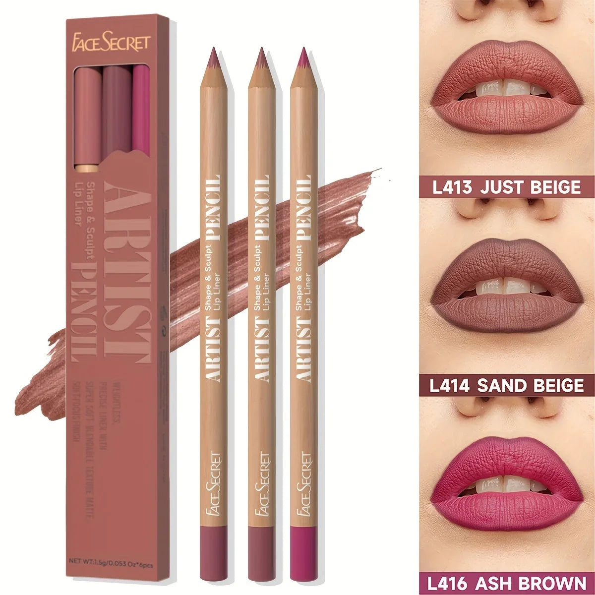 Face Secret 3pcs/Set Coffee Tones Beige Matte Lip Liner Waterproof,Long-Lasting, Velvet Smooth Natural Soft Pencil Lipstick