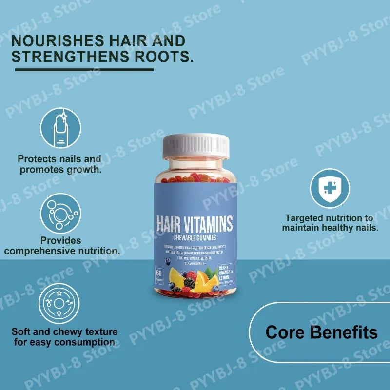 60 Count Hair Vitamin Gummie with 500mg Biotin and Multivitamin Promote Healthy Hair & Nail Growth Daily Nutritional Supplement