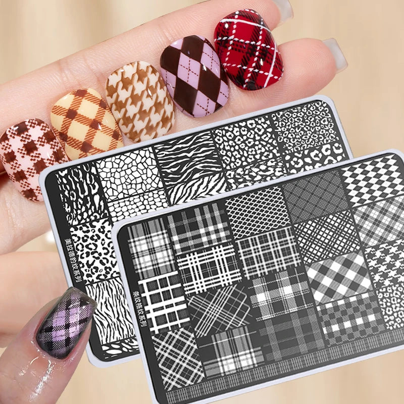 Elegant Grid Nail Stamping Plates 10*15cm Plus Size Plaid Line Stripe Butterfly Flower Design Nail Art Plates DIY Printing Tools