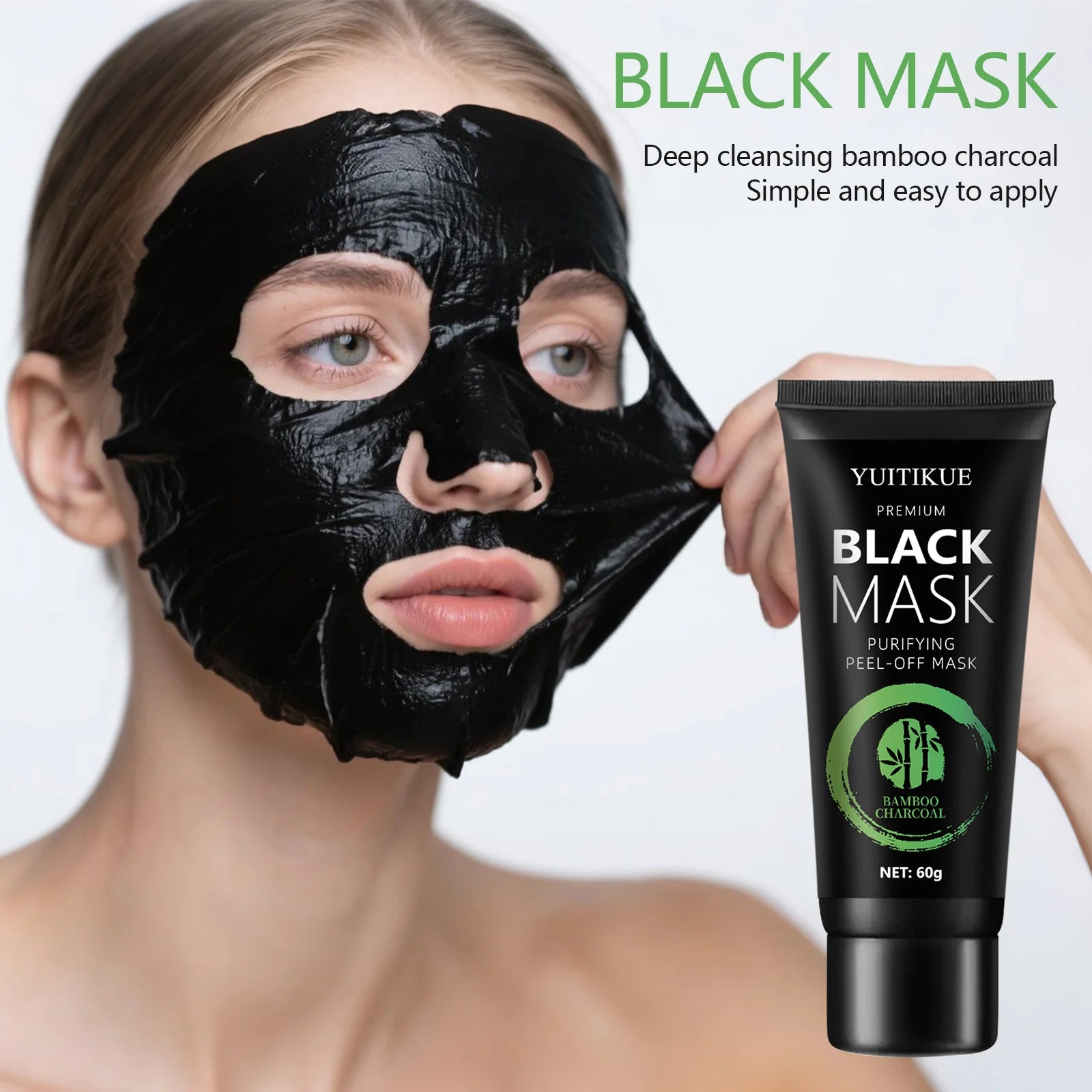 Bamboo Charcoal Black Mask 60g - Anti-Wrinkle & Whitening, Deep Cleansing Peel-Off, Removes Blackheads & Impurities