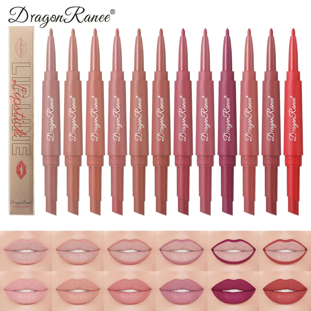 Waterproof Nude Matte Lip Liner Pencil Double Ended Matte Lipstick Lasting Moisturizing Rose Red Lipstick 2 in 1 Lipliner Makeup