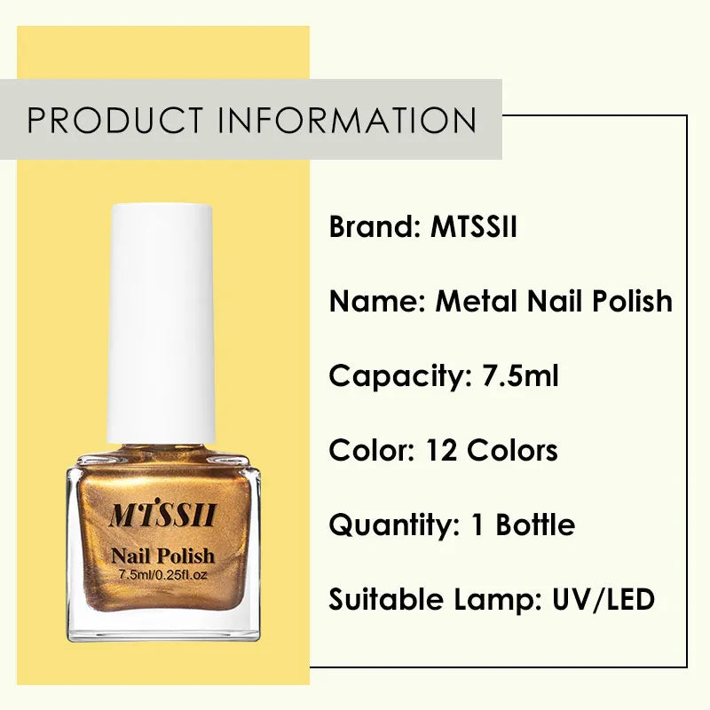 MTSSII 7.5ml Metal Nail Polish, Silver Gold Red Yellow UV LED Soak Off Metallic Nail Art Varnish Quick-Drying Air-Dry Formula