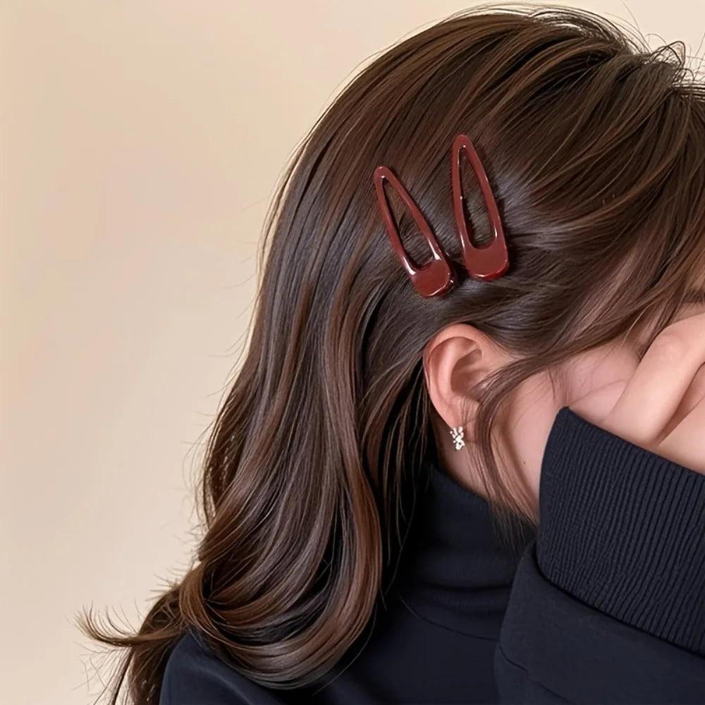 2pcs Advanced Wine Red Minimalist Oval Duckbill Clip Minimalist Side Broken Hair Clip Commuting Versatile Temperament Headband
