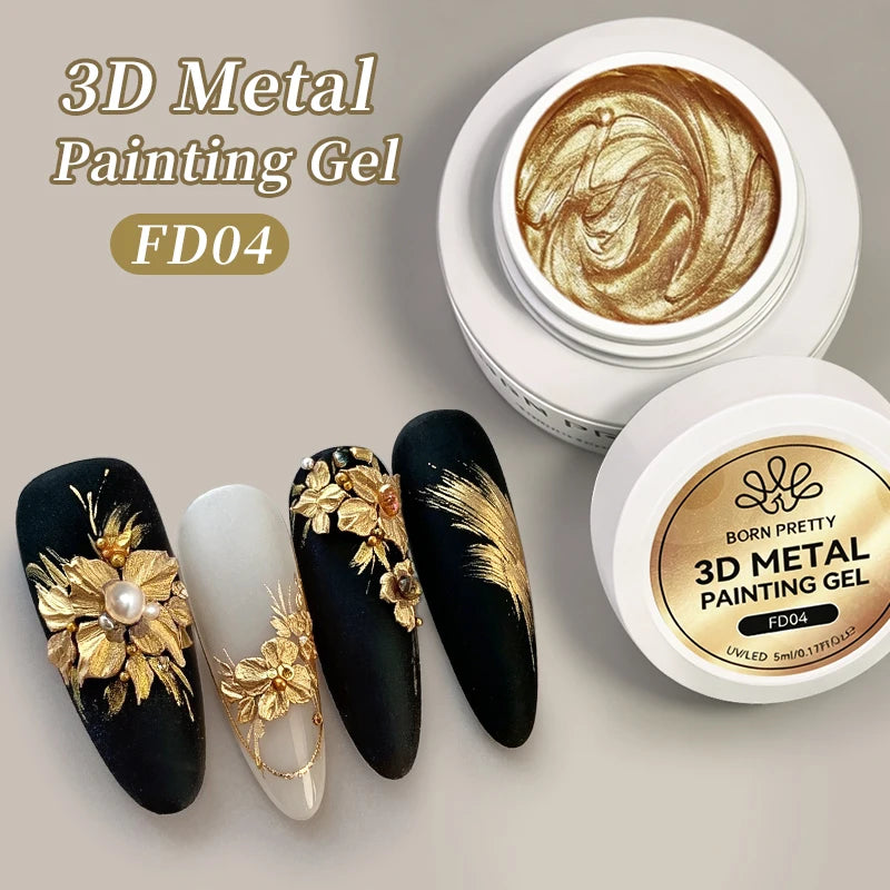 BORN PRETTY 5ml Gold Silver 3D Metal Nail Gel Polish Carving Plaster Texture Embossed Nail Gel Metal for DIY Manicure Art