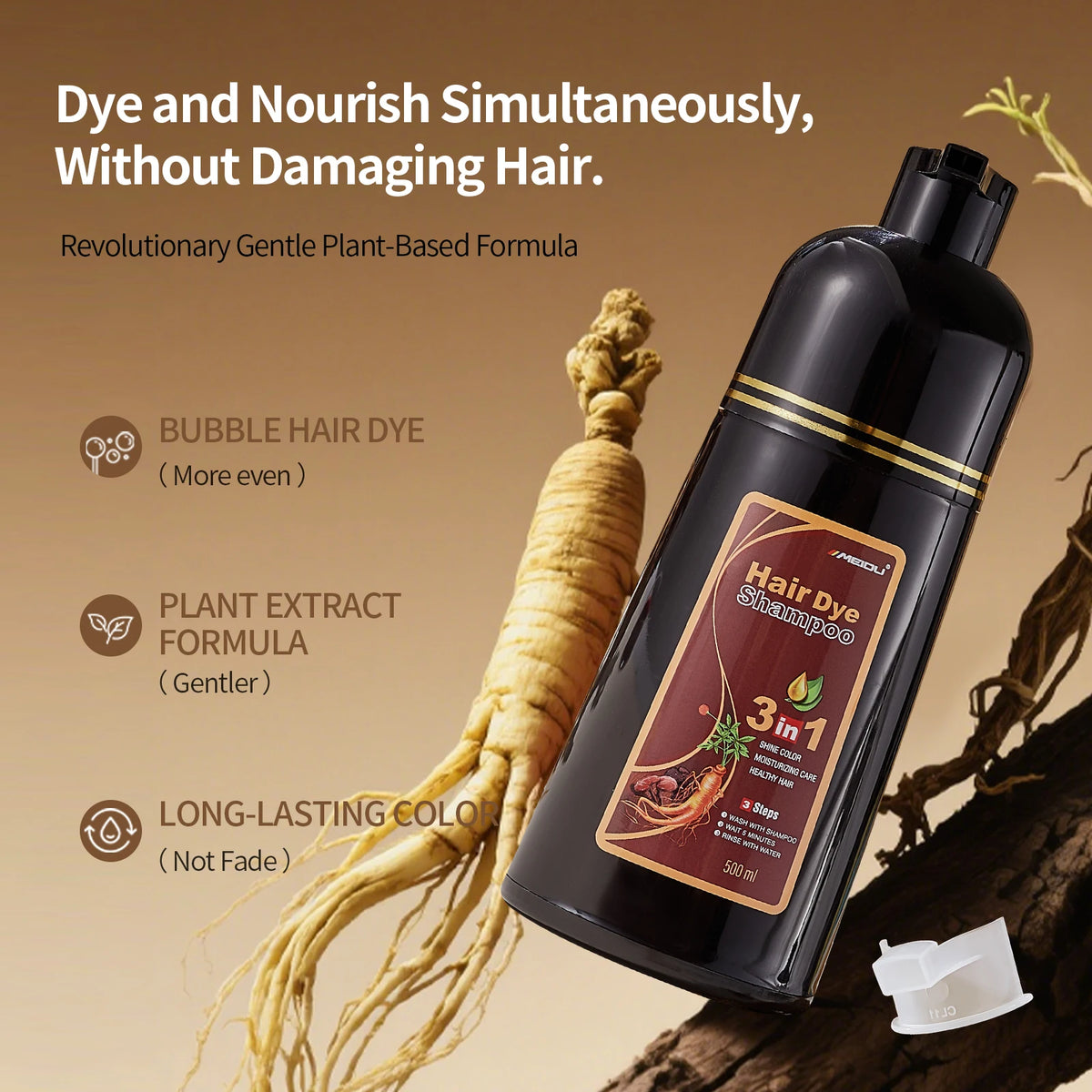 Meidu 3in1 Hair Dye Shampoo Easy to Use Moisturizing & Healthy Hair Care Creating Natural Hair Color,Quick Dyeing for Men Women