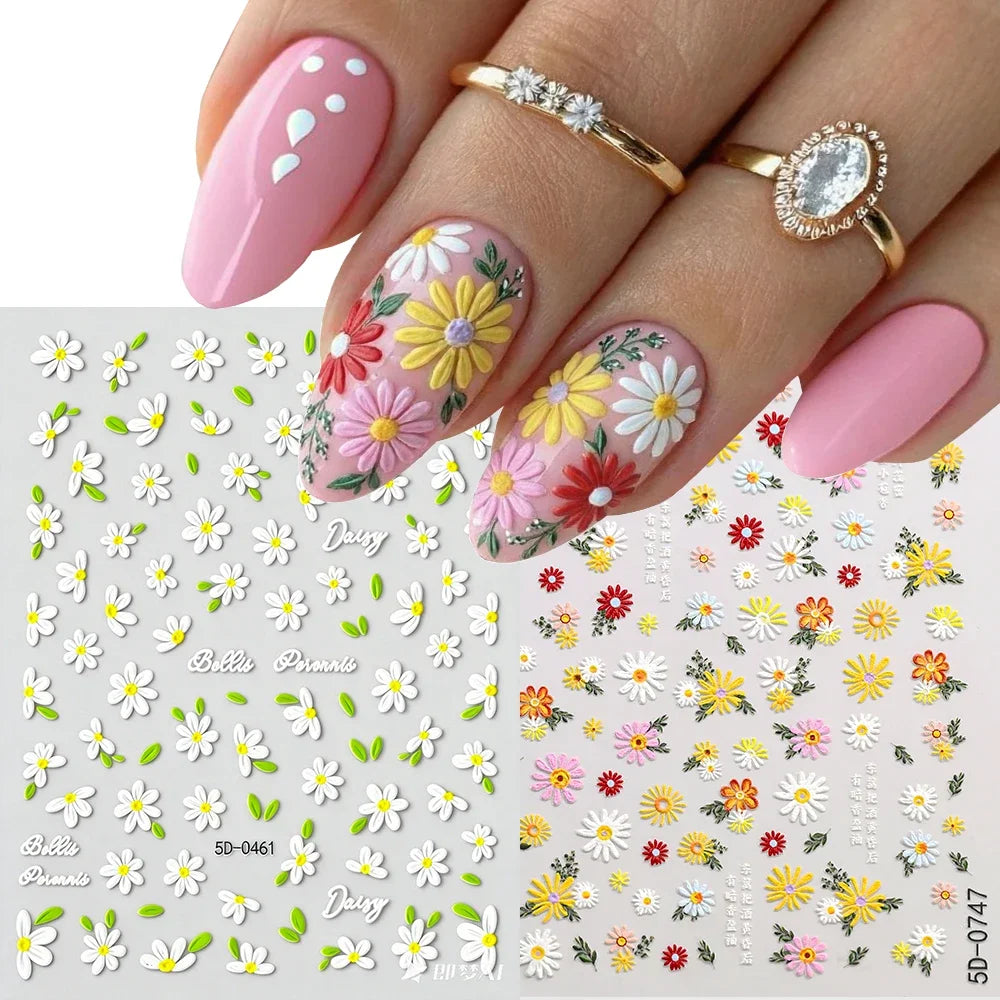 2pcs 5D White Daisy Design Nail Art Stickers Embossed Daisy Floret Green Leaf Nail Art Decals DIY Spring Summer Decor Stickers
