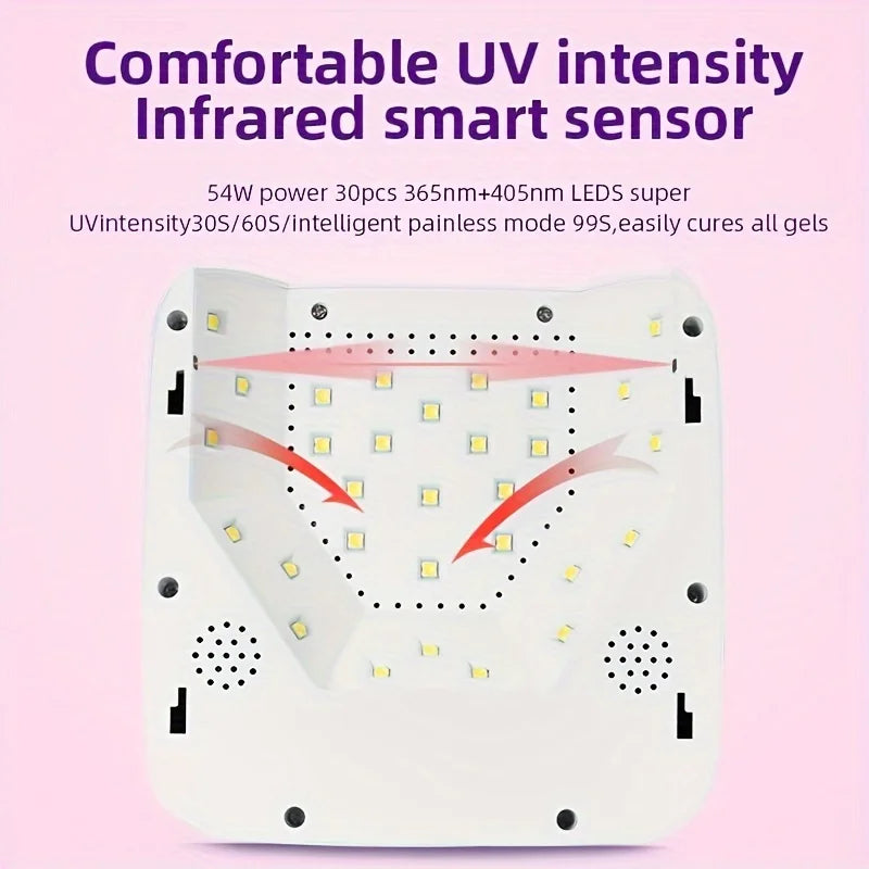 54W Cordless UV LED Nail Lamp with 30 Beads Rechargeable Professional Nail Dryer with 3 Timer Settings for Home and Salon Use