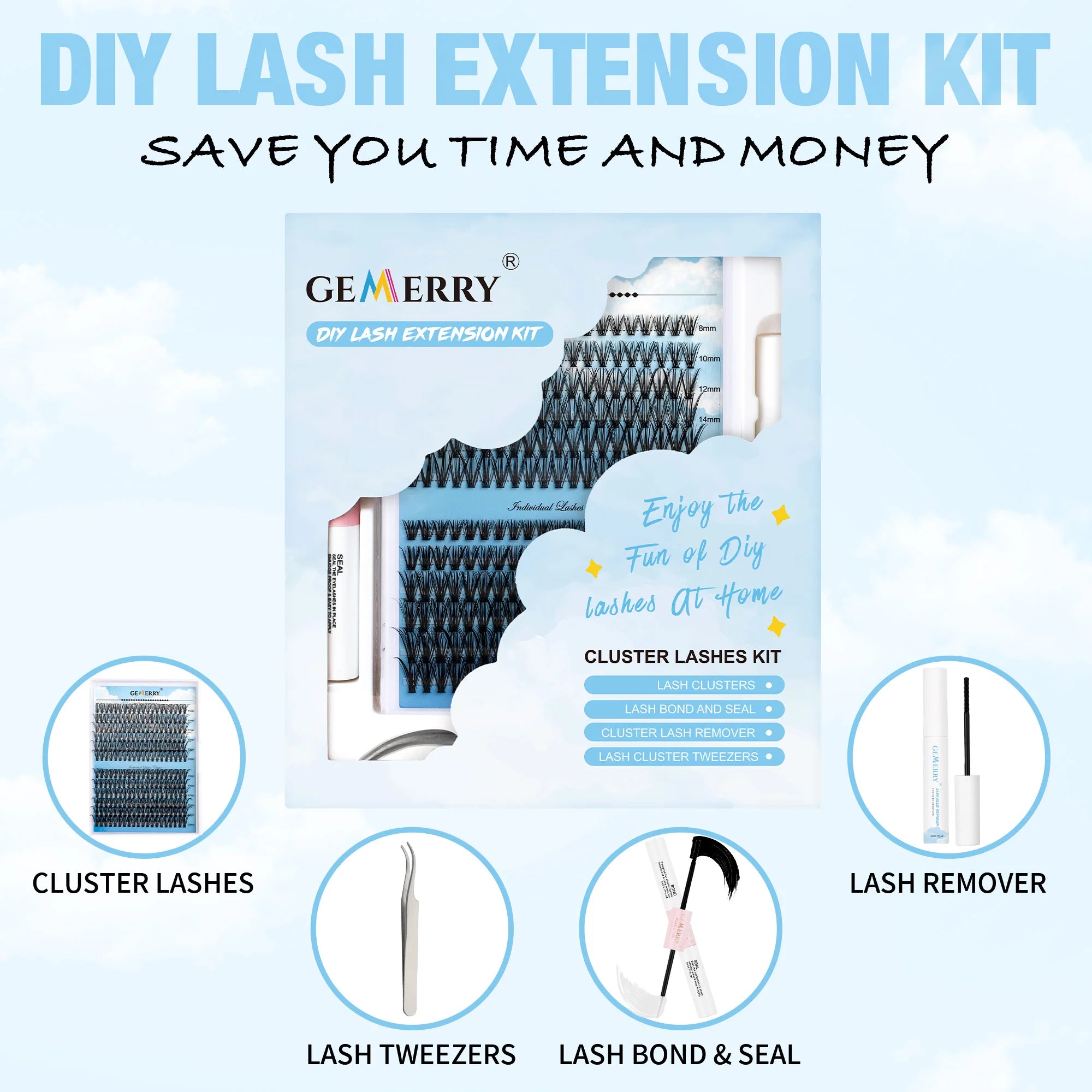 Gemerry 40P/50P DIY Lashes Extension Kit With 280 PCS False Lash Clusters Lash Bond And Seal Lash Glue Remover And Lash Tweezers