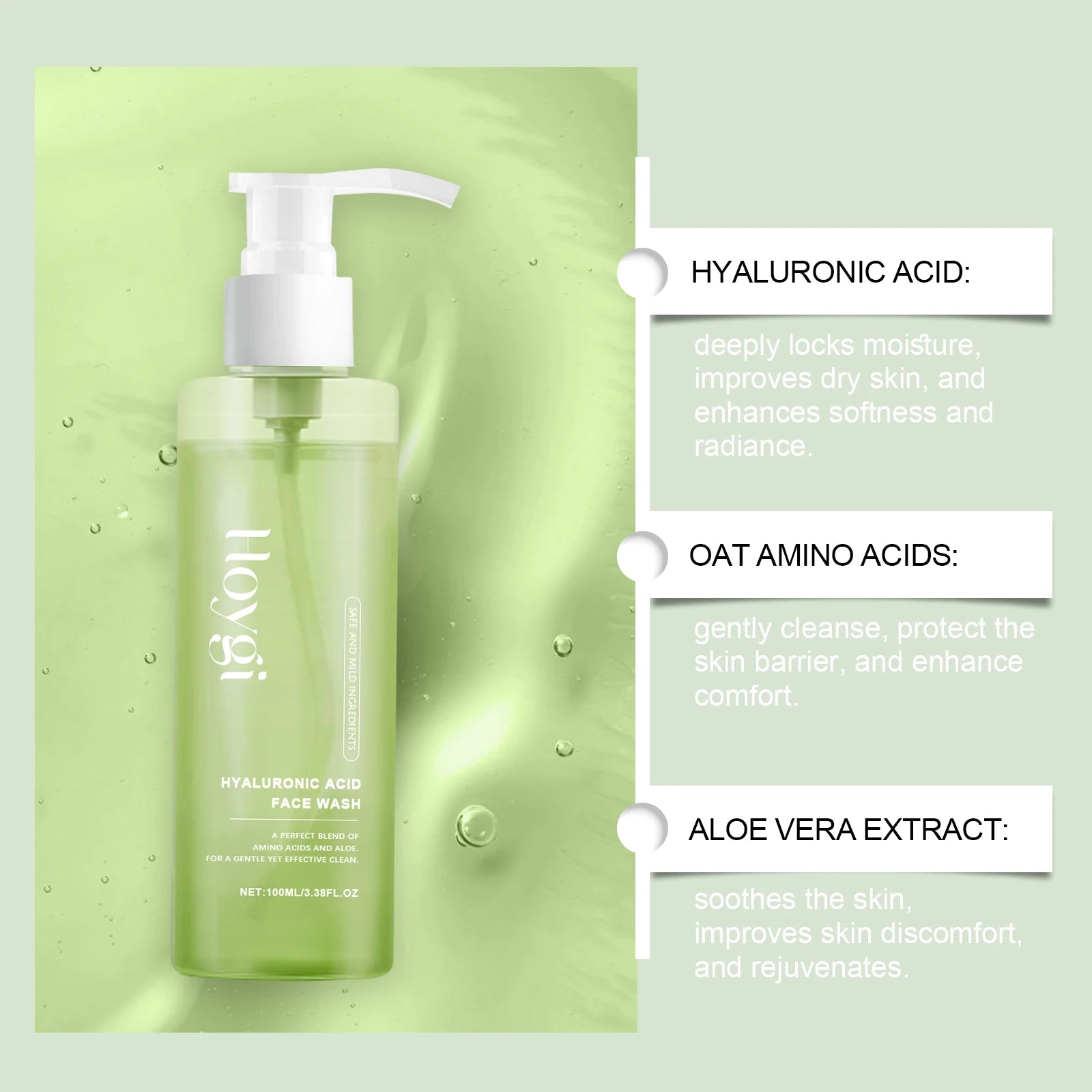 HOYGI Hyaluronic Acid Cleanser Oil Control Blackhead Remover Facial Skin Pore Cleansing Gel Brightening Exfoliating Face Wash