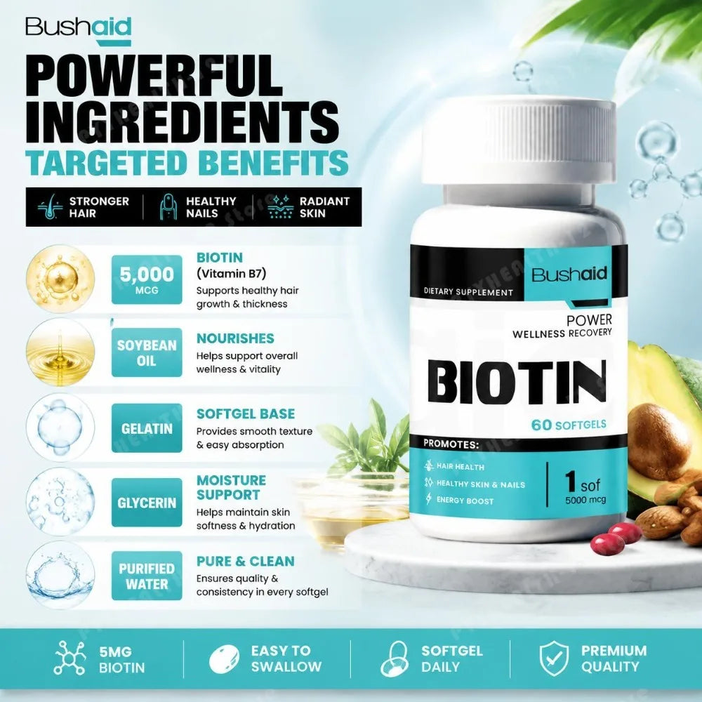 Bushaid Biotin 5000mcg Softgels Hair Skin Nails Vitamin B7 Keratin Support Energy Non-GMO Gluten Free 60 Softgels 60 Day