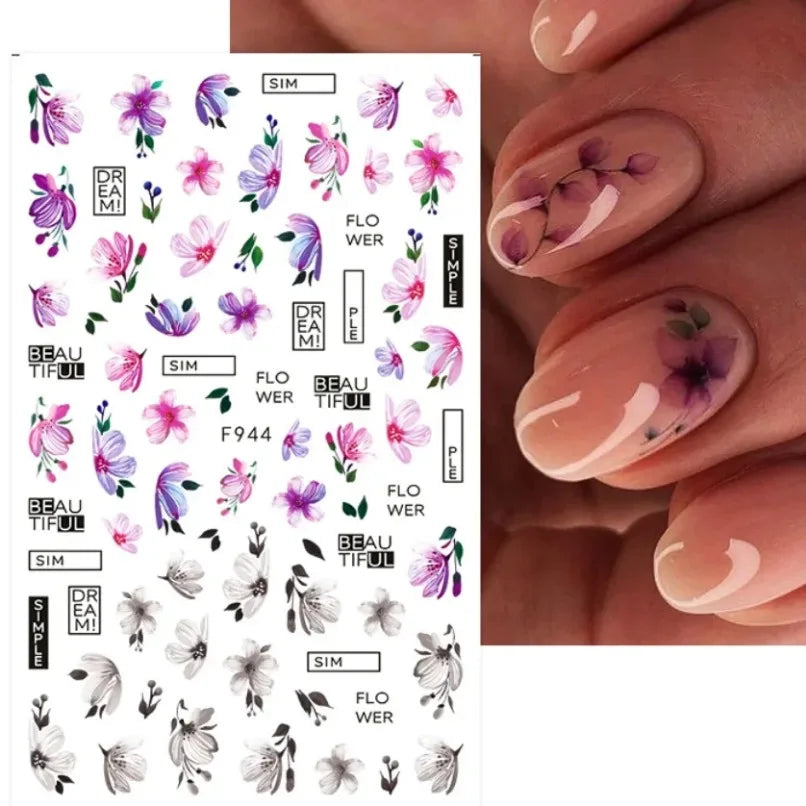 3D Flower Petal Nail Stickers Purple Pink Tulip Leaf Clover Summer Avocado Fruit Geometric Line Floral Manicure Decoration