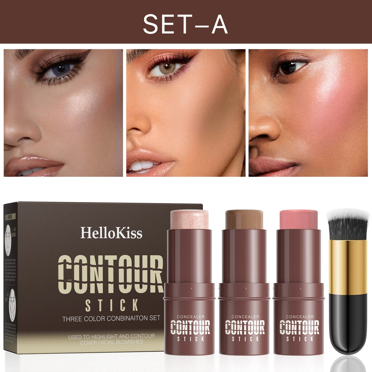 4-Piece Contour Stick Set with Highlighter, Blush & Bronzer Plus Golden Powder Brush - Waterproof Cream for All Tones, Shimmery.