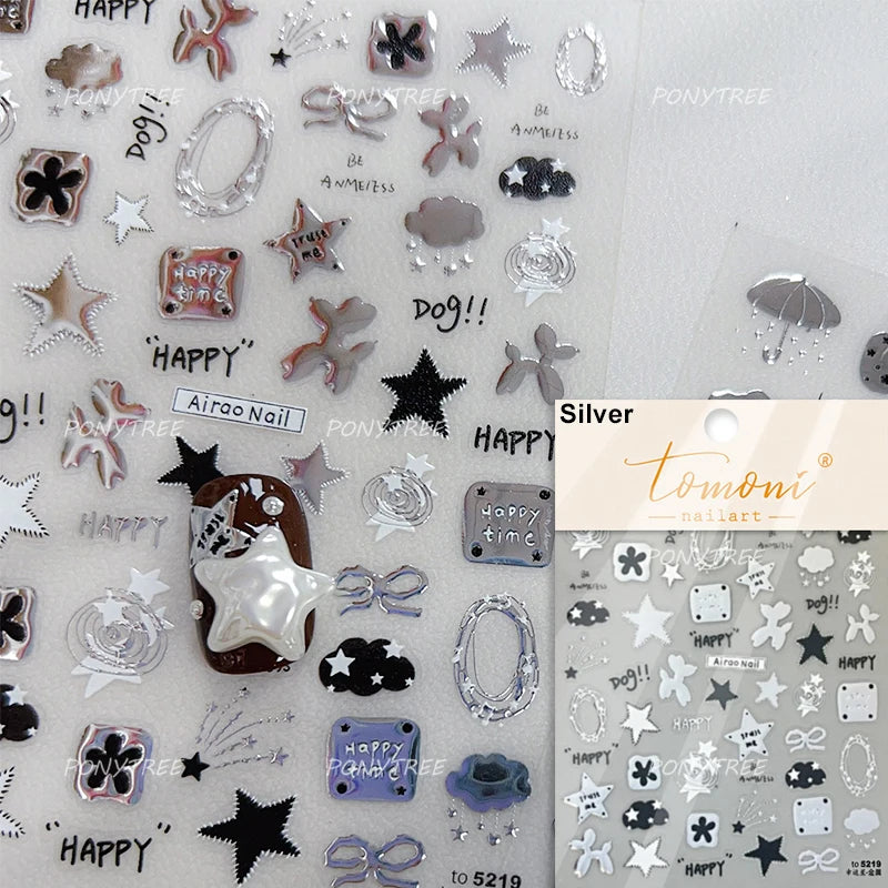 Geometric Lines Star Love Heart Chain Silver Gold Lava Letter Flower Growth Ring Number 5D DIY Nail Art Stickers Manicure Decals