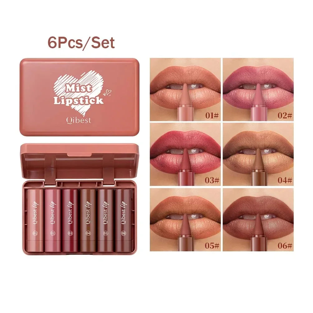 QIBEST 6PCS Lasting Matte Lipstick Pencil Set Twist-Up Velvet Matte Lip Stick Pen Smooth Pink Red Lipliner Lips Crayon Makeup
